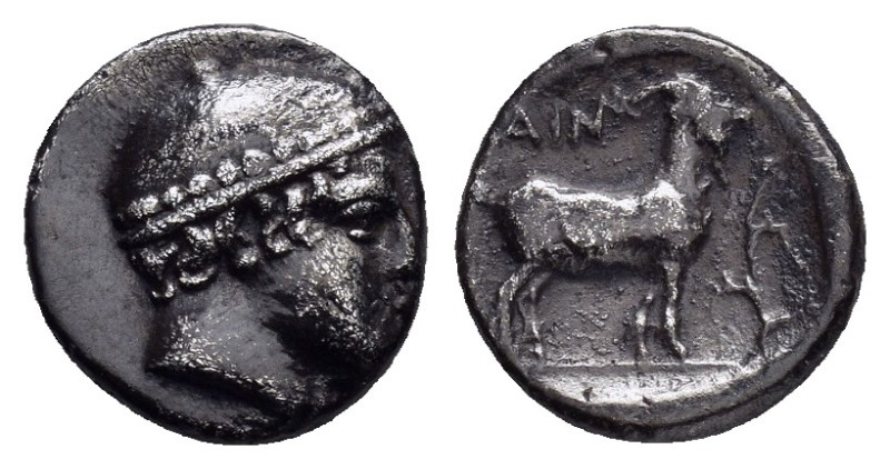 THRACE. Ainos.(Circa 408-406 BC).Diobol.

Obv : Head of Hermes right, wearing pe...
