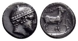 THRACE. Ainos.(Circa 408-406 BC).Diobol.

Obv : Head of Hermes right, wearing petasos.

Rev : AINI.
Goat standing right, raising foreleg; symbol below...