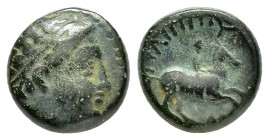 KINGS of MACEDON. Philip II.(359-336 BC).Uncertain mint in Macedon.Ae.

Obv : Diademed head of Apollo right.

Rev : ΦΙΛΙΠΠΟΥ.
Youth on horse rearing r...