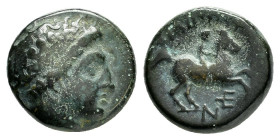 KINGS of MACEDON. Philip II (359-336 BC).Uncertain mint in Macedon.Ae.

Obv : Diademed head of Apollo right.

Rev : ΦΙΛΙΠΠΟΥ.
Youth on horse rearing r...