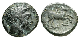 KINGS of MACEDON. Philip II.(359-336 BC).Uncertain mint in Macedon.Ae.

Obv : Diademed head of Apollo right.

Rev : ΦΙΛΙΠΠΟΥ.
Youth on horseback right...