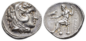 KINGS of MACEDON. Alexander III The Great.(336-323 BC).Tyre.Tetradrachm. 
 
Obv : Head of Herakles right, wearing lion skin.

Rev : AΛΕΞΑΝΔΡΟΥ.
Zeus s...
