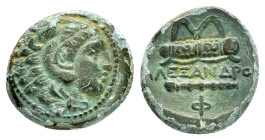 KINGS of MACEDON. Alexander III The Great.(336-323 BC).Uncertain Macedonian mint.Ae.

Obv : Head of Herakles right, wearing lion skin.

Rev : AΛEΞANΔP...