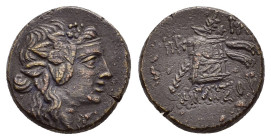 PONTOS.Amisos.Time of Mithradates VI.(Circa 105-90 or 90-85 BC).Ae.

Obv : Head of Dionysos right, wearing ivy wreath.

Rev : AMIΣOY.
Thyrsos leaning ...