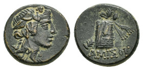 PONTOS.Amisos.Time of Mithradates VI.(Circa 105-90 or 90-85 BC).Ae.

Obv : Head of Dionysos right, wearing ivy wreath.

Rev : AMIΣOY.
Thyrsos leaning ...