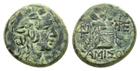 PONTOS.Amisos.Time of Mithradates VI.(Circa 105-90 or 90-85 BC).Ae.

Obv : Head of Dionysos right, wearing ivy wreath.

Rev : AMIΣOY.
Thyrsos leaning ...