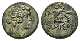 PONTOS.Amisos.Time of Mithradates VI.(Circa 105-90 or 90-85 BC).Ae.

Obv : Head of Dionysos right, wearing ivy wreath.

Rev : AMIΣOY.
Thyrsos leaning ...