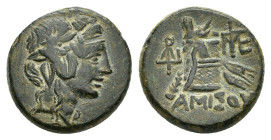 PONTOS.Amisos.Time of Mithradates VI.(Circa 105-90 or 90-85 BC).Ae.

Obv : Head of Dionysos right, wearing ivy wreath.

Rev : AMIΣOY.
Thyrsos leaning ...