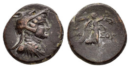 PONTOS. Amisos.(Circa 85-65 BC). Time of Mithradates VI Eupator.Ae.

Obv : Bust of Amazon right, wearing wolf's skin.

Rev : AMIΣOY.
Nike advancing ri...