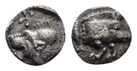 MYSIA. Cyzikos.(450-400 BC).Hemiobol.

Obv : Forepart of boar right, tunny behind.

Rev : Head of lion left; retrograde K to upper left; all within in...