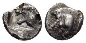 MYSIA. Cyzikos.(Circa 450-400 BC).Obol.

Obv : Head of lion left within incuse square.

Rev : Forepart of boar left; to right, tunny upward.
SNG Franc...