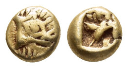 KINGS of LYDIA.Temp. Alyattes – Kroisos.(Circa 620-550 BC).Ephesos.EL Hemihekte. 

Obv : Head of boar right.

Rev : Incuse square.
SNG Kayhan 1011; Li...