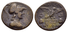 PHRYGIA. Apameia.(Circa 88-40 BC).Ae.

Obv : Helmeted bust of Athena right, wearing aegis.

Rev : AΠΑΜΕΩΝ / AΝΤΙΦΩΝ / ΜΕΝΕΚΛΕΩΝ.
Eagle landing on maea...