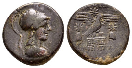 PHRYGIA. Apameia.(Circa 88-40 BC).Ae.

Obv : Helmeted bust of Athena right.

Rev : AΠΑΜΕΩN / ΦAINIΠΠOY / ΔPAKONTOΣ.
Eagle alighting right on maeander ...
