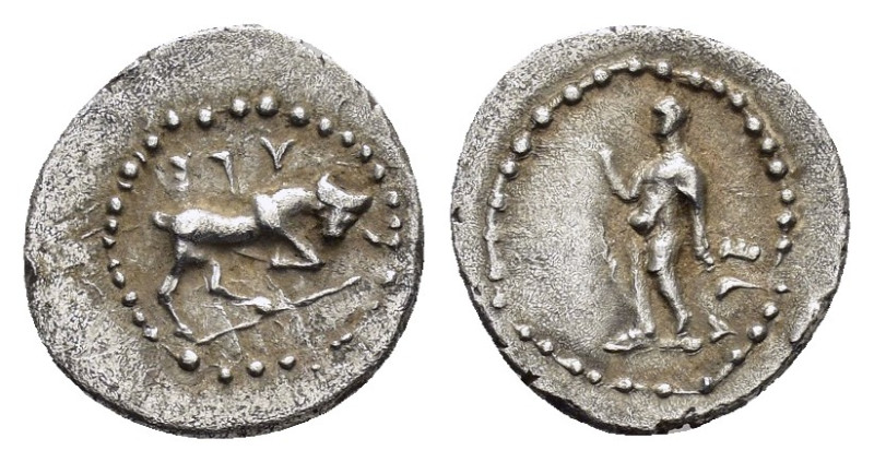 CILICIA. Uncertain. (4th century BC).Obol.

Obv : Bull butting right, Aramaic le...
