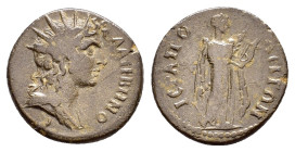 PHRYGIA. Hierapolis. Pseudo-autonomous.Ttime of Antonines.(138-192).Ae.

Obv : ΛΑΙΡΒΗΝΟС.
Radiate and draped bust of Apollo Lairbenos right.

Rev : ΙƐ...