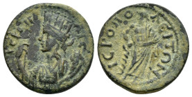 PHRYGIA. Hieropolis. Pseudo-autonomous.Time of Severus Alexander.(222-268).Ae.

Obv : ΙΕΡΟΠΟΛIC.
Draped bust of Tyche to left; wearing murral crown; h...