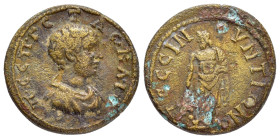 GALATIA. Pessinus. Geta.(Caesar, 198-209). Ae.

Obv : Π CEΠ ΓETAC KΑΙC.
Bareheaded and draped bust right.

Rev : ΠΕCCINOYNTIΩΝ.
Asclepius standing, fa...