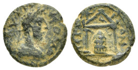 PAMPHYLIA. Perge. Commodus (180-193). Ae.

Obv : ...AVP KOM....
Laureate head right.

Rev : ΠΕΡΓΑΙΩΝ.
Distyle temple containing cult figure of Artemis...