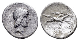 L. CALPURNIUS PISO FRUGI.(90 BC). Rome.Denarius.

Obv : Laureate head of Apollo right; snake behind.

Rev : L PISO FRVGI - XX.
Warrior riding horse ri...