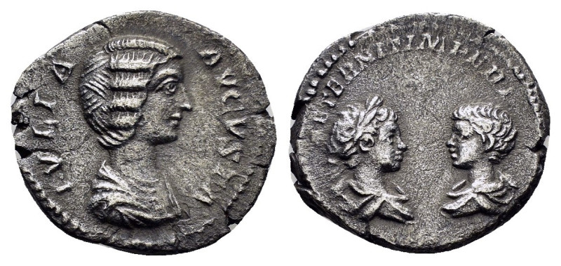 JULIA DOMNA with CARACALLA and GETA.(Augusta, 193-217). Rome.Denarius.

Obv : IV...