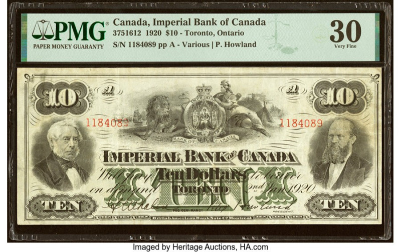 Canada Toronto, ON- Imperial Bank of Canada $10 2.1.1920 Ch.# 375-16-12 PMG Very...