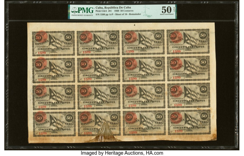 Cuba Republica de Cuba 50 Centavos 1869 Pick 54r4 Uncut Sheet of 16 Remainders P...