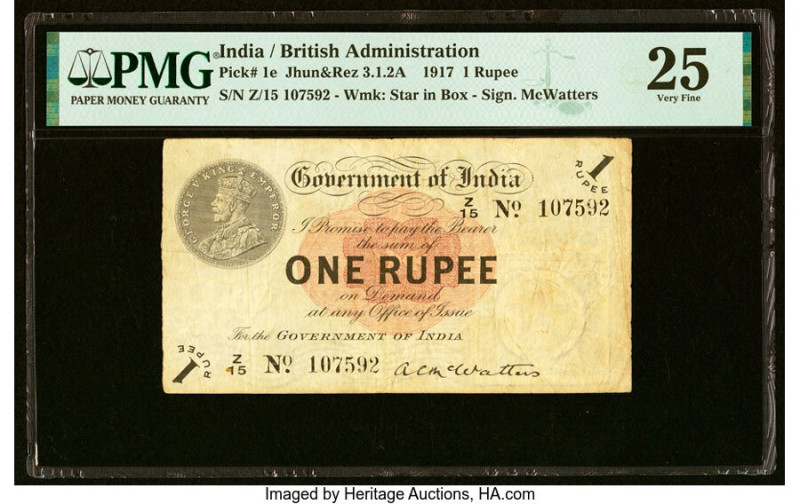 India Government of India 1 Rupee 1917 Pick 1e Jhun3.1.2A PMG Very Fine 25. HID0...