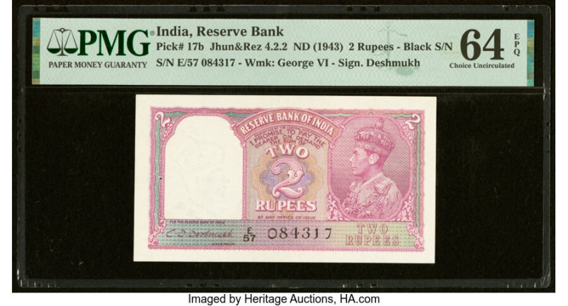 India Reserve Bank of India 2 Rupees ND (1943) Pick 17b Jhun4.2.2 PMG Choice Unc...