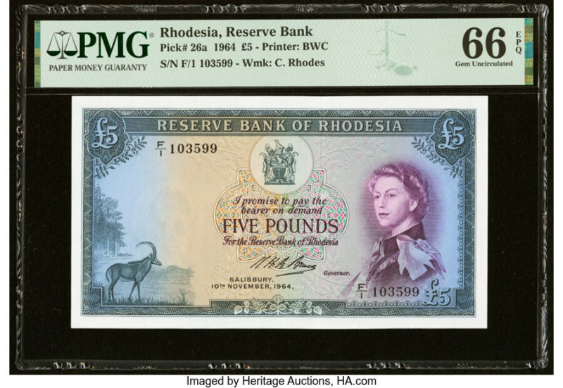 Rhodesia Reserve Bank of Rhodesia 5 Pounds 10.11.1964 Pick 26a PMG Gem Uncircula...