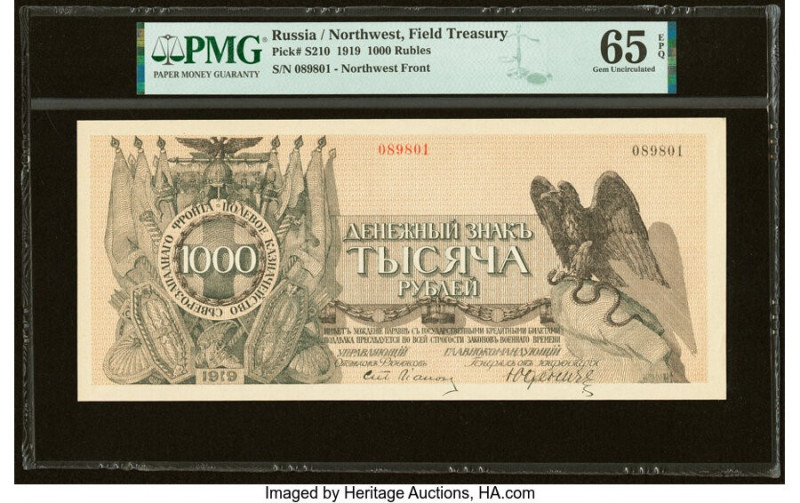 Russia Field Treasury, Northwest Front 1000 Rubles 1919 Pick S210 PMG Gem Uncirc...