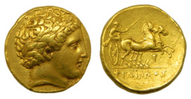 Macedonia. Estátera. 352-336 a.C. FILIPO II. Anv.: Cabeza de Apolo laureado a derecha. Au 8,56 gr. Cy-1198. (SNG-ANS 138,43) Muy bonita.
MBC