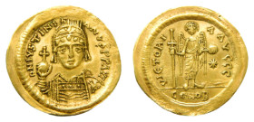 Justiniano I (527-565 dC). Sólido. Thessalonica. Anv./ D N IVSTINIANVS P P AVC. Rev./ VICTORIA AVCCC (sin letra de oficina). Exergo/ CONOB. (DOC 7; MI...