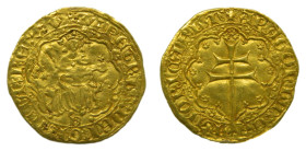 Pedro III (1336-1387). Mallorca. Real de oro. Corona de Aragón. (Cru. 431). (Cru.CG.2246) RRR. Marca 3 rosas en triángulo, Bajo el Rey letra B. Anv.: ...