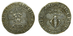 Joan II (1458-1462 / 1472-1479). València. Ral. (Cru.V.S. 966 var) (Cru.C.G. 3003 var). Busto de Alfons IV. Ligeramente recortada. Rara. 3,2 gr. 
MBC...