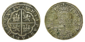 Felipe IV (1621-1665) 1633 R. Segovia. 8 Reales. (AC1603) Ar 26,45 gr. Leve final de plancha. 8 a derecha, acueducto de 2 arcos y 2 pisos.
MBC
