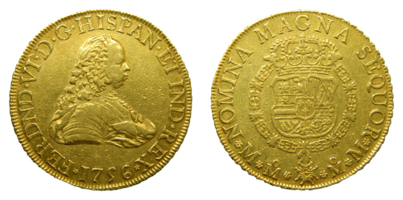 Fernando VI (1746-1759) 1756 MM. Mexico. 8 escudos. (AC792) Au 26,91 gr.
MBC