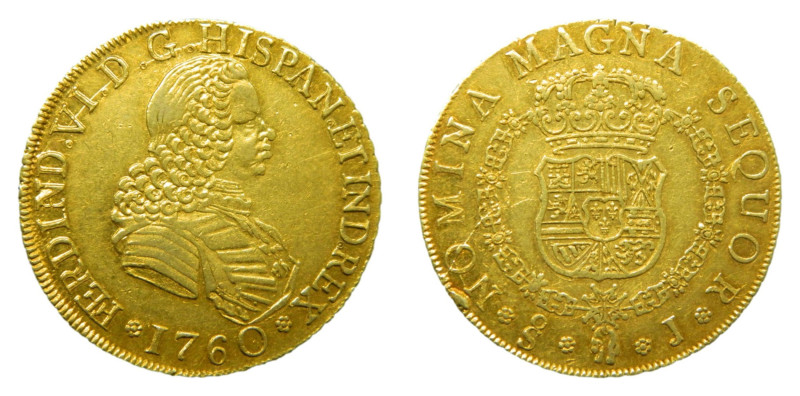 Fernando VI (1746-1759) 1760/59 J. Santiago. 8 escudos. (AC839) Au 27 gr. Exceso...