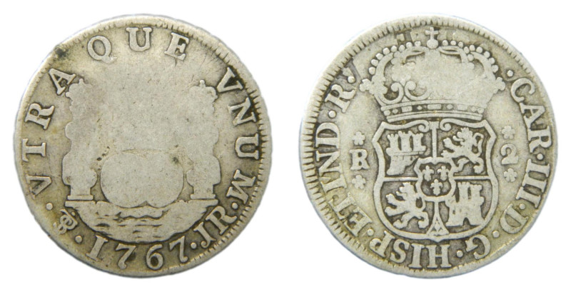 Carlos III (1759-1788) 1767 JR. Potosí. 2 reales. Columnario. (AC706) Ar 6,21 gr...