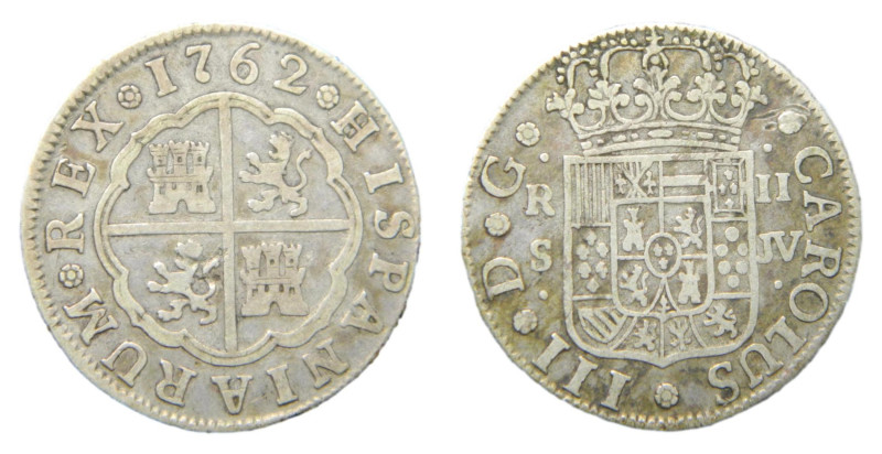 Carlos III (1759-1788) 1762 JV. Sevilla. 2 reales. Ensayadores en posición horiz...