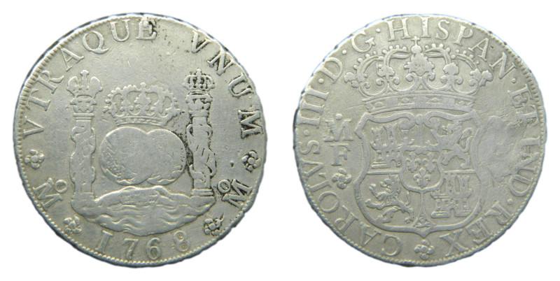 Carlos III (1759-1788) 1768 MF Mexico. 8 reales. Columnario (AC1094) Ar 26,58 gr...