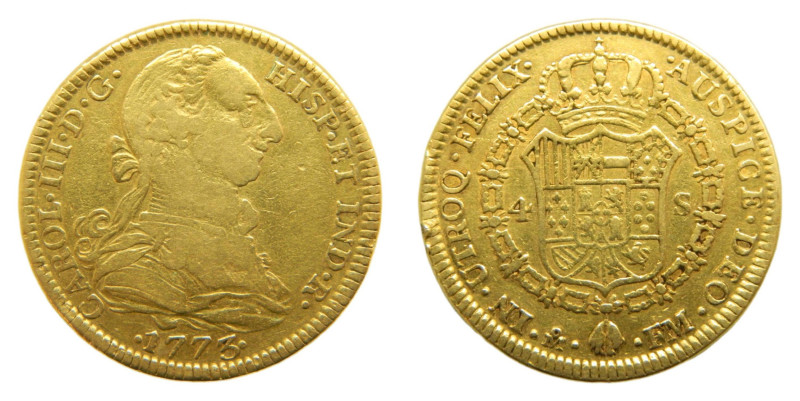 Carlos III (1759-1788) 1773 FM. Mexico. 4 escudos. (AC1809) Au 13,41 gr. 2 golpe...