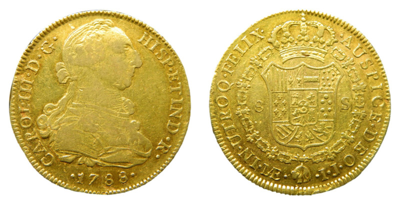 Carlos III (1759-1788) 1788 IJ Lima. 8 escudos. (AC1953) Au 26,8 gr. Pequeña hoj...