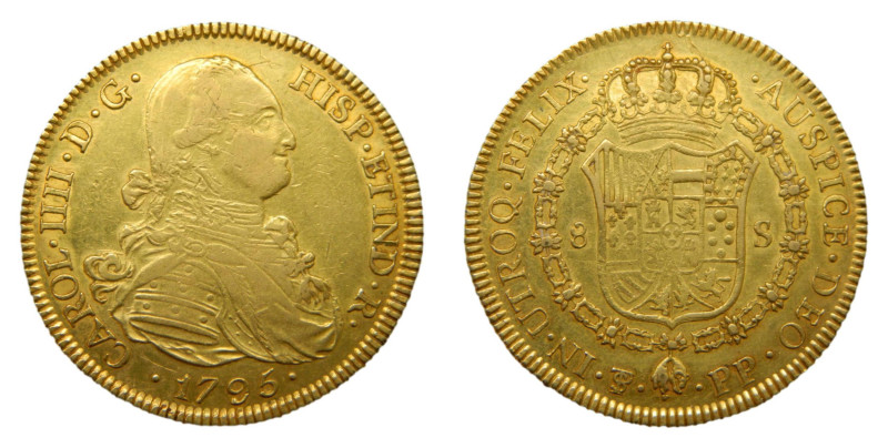 Carlos IV (1788-1808) 1795 PP. Potosí. 8 escudos (AC1701) Au 26,95 gr. Leves ray...