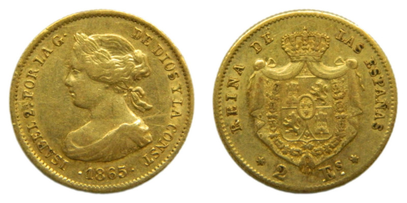 Isabel II (1833-1868) 1865. Madrid. 2 escudos. (AC675) Au 1,68 gr.
MBC