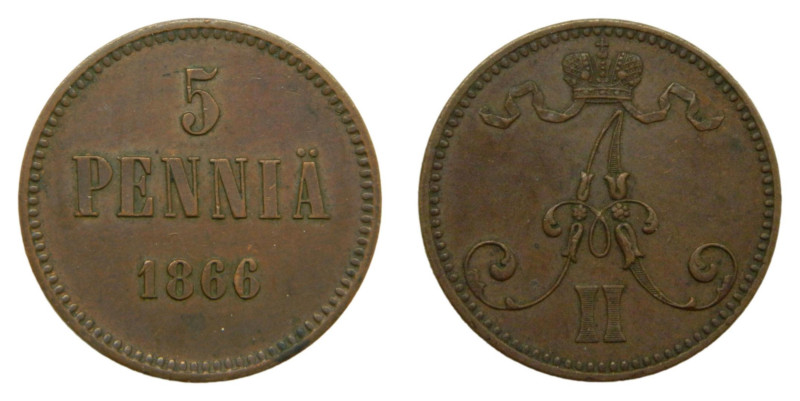 Finlandia / Finland 1866. 5 pennia. Alejandro II. (Km#582.2)
MBC