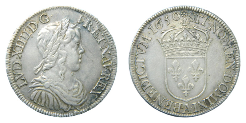 Francia / France. 1650 A París. 1/2 Écu à la mèche longue. Luis XIV. (Km#164.1) ...