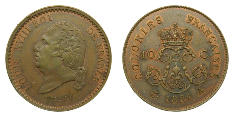 Francia / French colonias. 10 centimes 1824 A. Louis XVIII. Probe (ESSAI) Bronce...