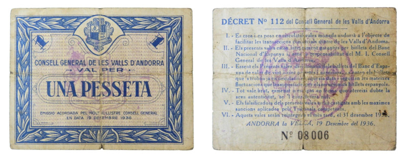 Andorra. 1936. Billete de 1 Peseta azul. (T.AND-5) 71x90
RC