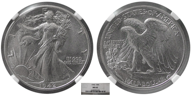 UNITED STATES. 1942, Liberty Half Dollar. NGC-MS 62. Certificate # 2648599-033.